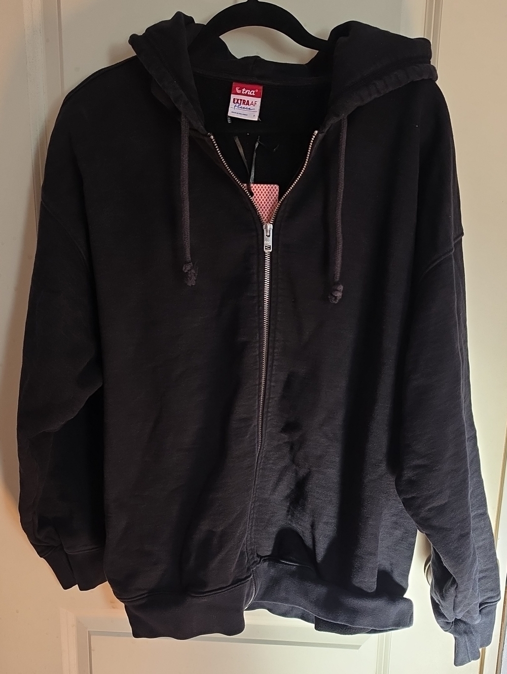 TNA, Extra AF Fleece, Black Full-Zip Hoodie Jacket with Drawstring Hood, Size 3